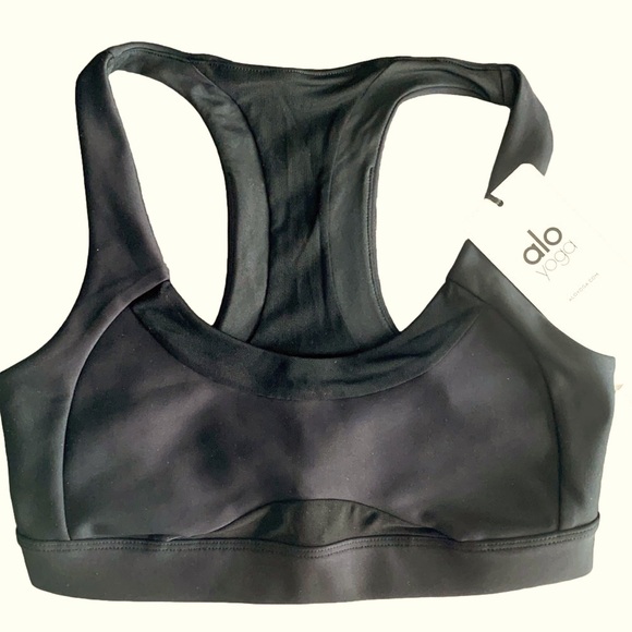 NWT ALO YOGA BLACK EMBODY CONTOUR SPORTS BRA ACTIVEWEAR MESH LOGO CROP TOP SHIRT - Picture 3 of 4